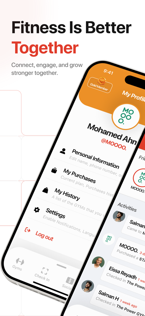 STAX app screens showing a user profile and a social activity feed for gym check-ins