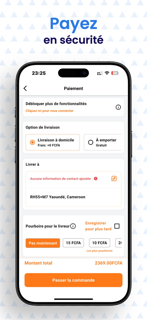 Tchop Xpress mobile app checkout screen showing home delivery options and payment total in Cameroon FCFA