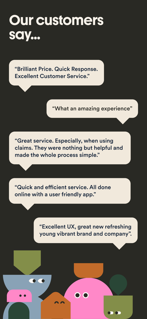 Marshmallow Insurance - Una visualizzazione di testimonianze positive dei clienti per Marshmallow Insurance che evidenziano il suo servizio rapido e l'app user-friendly
