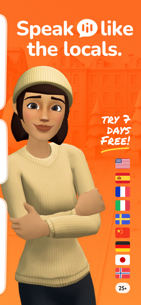 LingoLooper: AI Language Game - LingoLooperのマーケティングバナーは、3Dの女性キャラクターと、現地の人のように話すというテキストの下にあるさまざまな国旗を特集しています