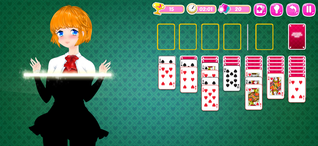 Solitaire Manga Girls - Classic solitaire card game screen with an anime girl character to unlock on a green patterned background