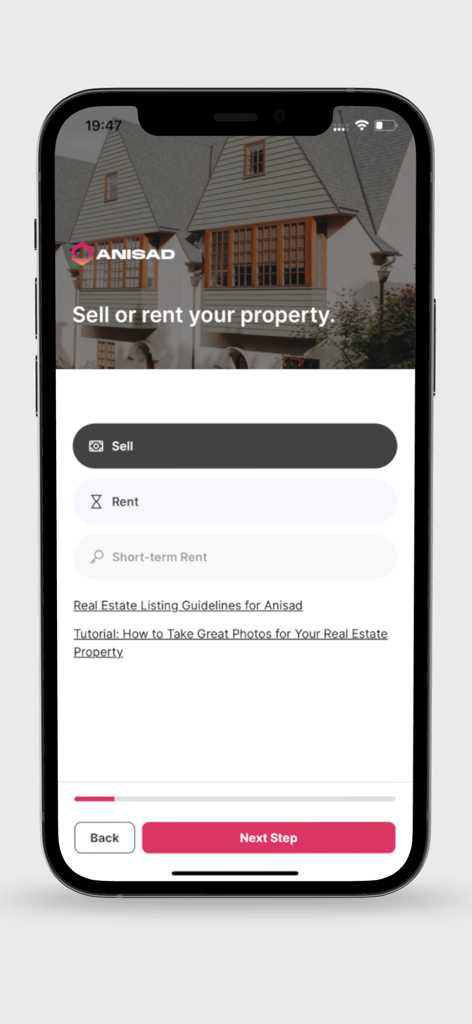 ANISAD - Seleção de ecrã para vender ou alugar imóveis na aplicação ANISAD
