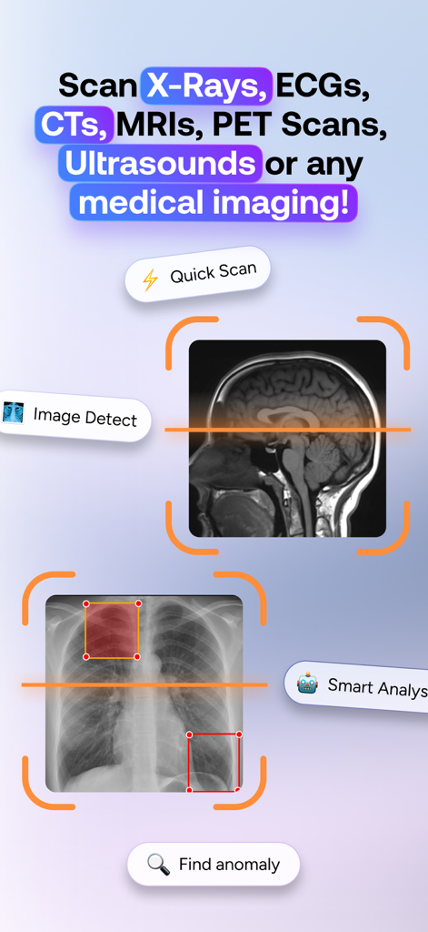AI Doctor & Radiology-Med Scan - MedScan AI mobile app interface showing AI scanning of brain MRI and chest X-ray images
