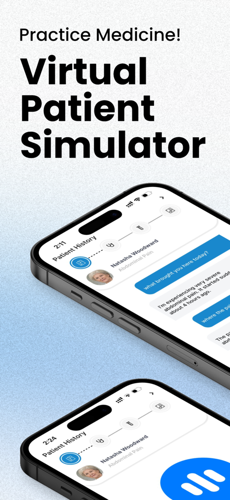 Curans | Virtual Patient Sim - Curans app interface showing a virtual patient simulator for medical diagnostic training on a smartphone
