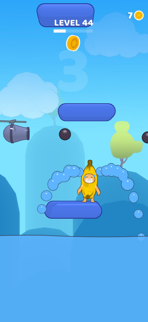 Banana Cat Jump - Banana Cat character crying while jumping on platforms in a level with coins and obstacles