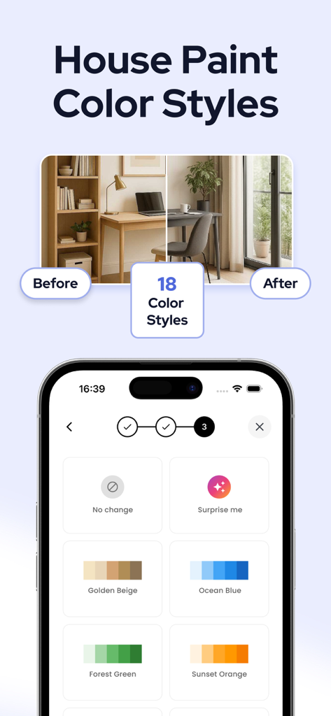 Designer Ai: Room, House Decor - AI-powered room paint color visualizer showing before and after comparison and various color palette options