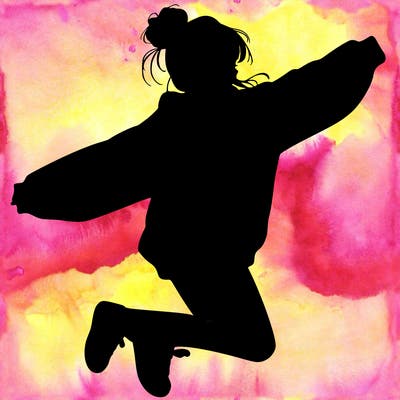realistic girl jumping with a bun and oversized sweatshirt