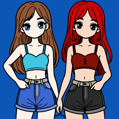 two sisters with crop tops and jean shorts and straight hair