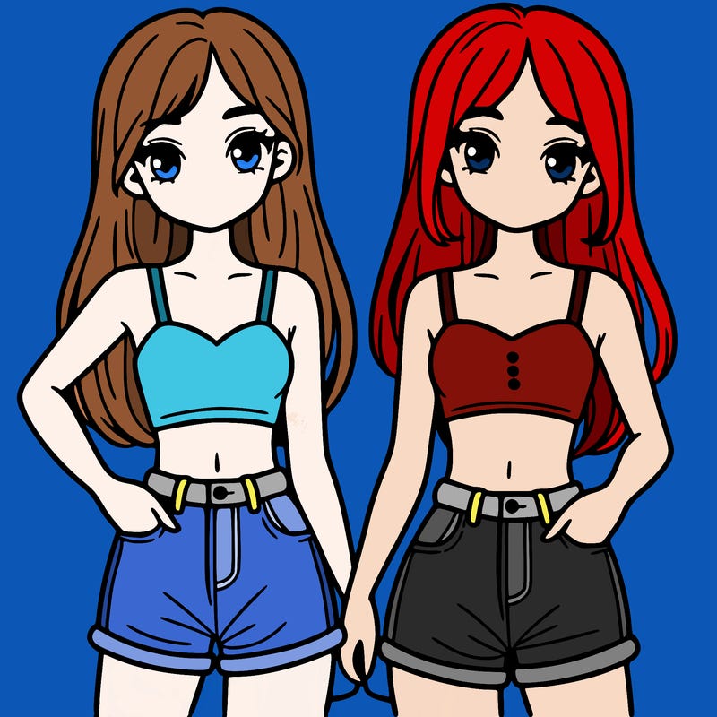 two sisters with crop tops and jean shorts and straight hair