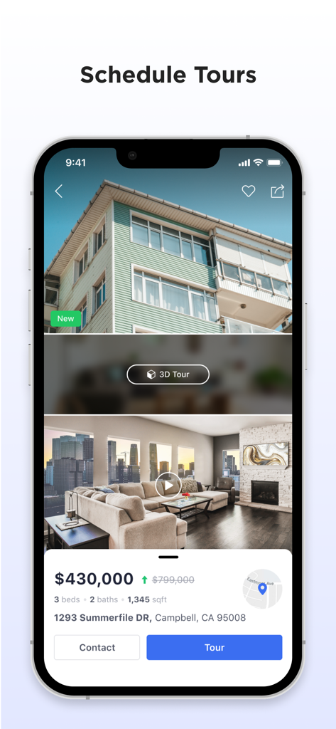 Mobile app interface of Closely Real Estate showing a house listing with options to schedule a tour and view a 3D tour