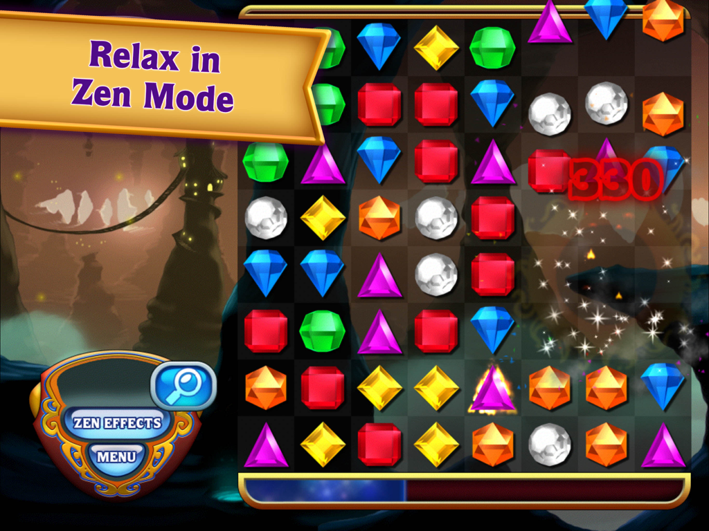 Jugabilidad del modo Zen de Bejeweled Classic HD mostrando gemas coloridas y un fondo relajante