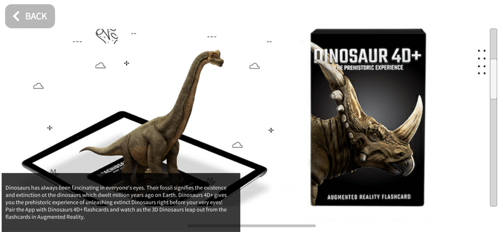 4D+ - Dinosaur 4D plus augmented reality app showing a 3D Brachiosaurus on a tablet