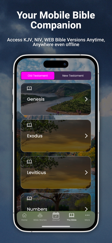 Gratitude - Christian Journal - Pantalla de la aplicación móvil mostrando los libros de la Biblia del Antiguo Testamento Génesis y Éxodo con fondos escénicos en la aplicación Gratitud Christian Journal