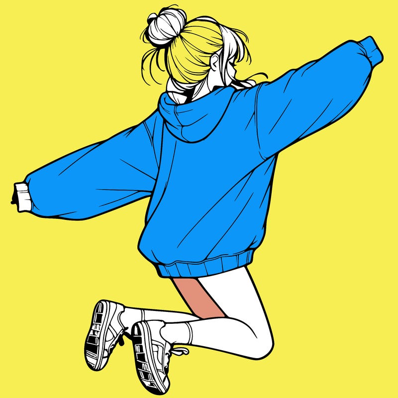 realistic girl jumping with a bun and oversized sweatshirt