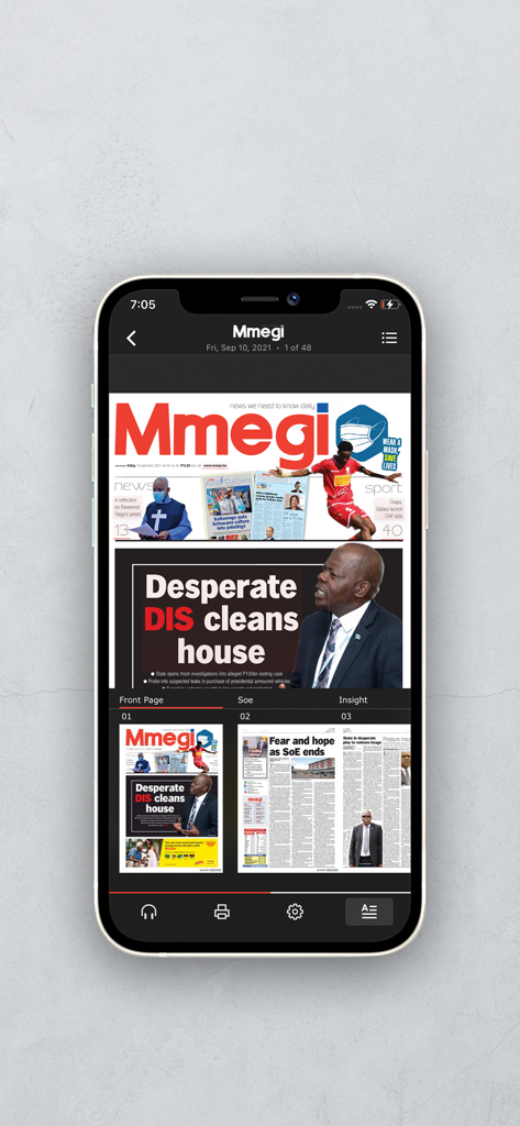 Smartphone screen showing a digital replica of the Mmegi newspaper in the BW News app