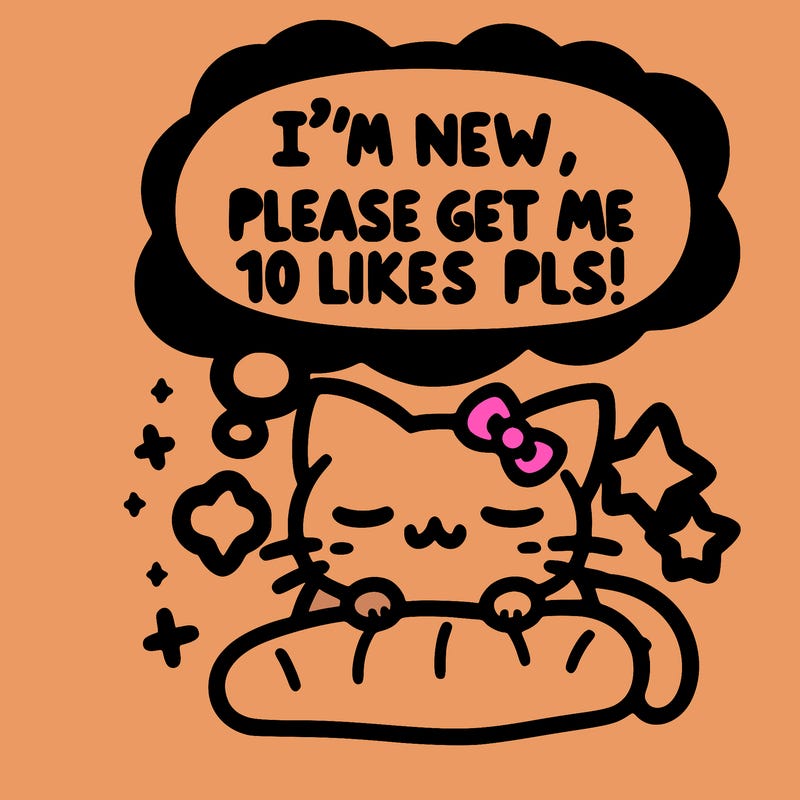 kitty taking a nap dream talking and saying "i'm new, please get me at least 10 likes pls!!"