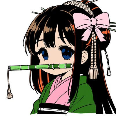 japanese anime girl with small bamboo stick with red strings in mouth