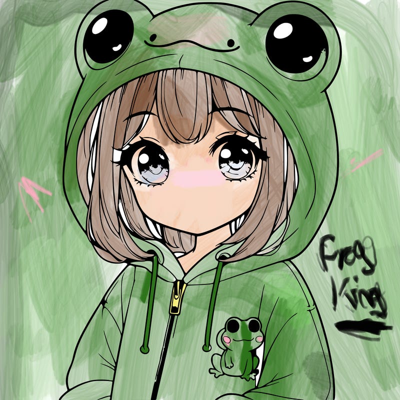 cute realistic girl in a froggy hoodie