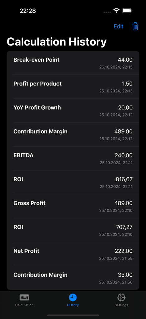 Profit Calculator Pro - Calculation history screen in Profit Calculator Pro showing various financial metrics like ROI, EBITDA, and Net Profit in dark mode.