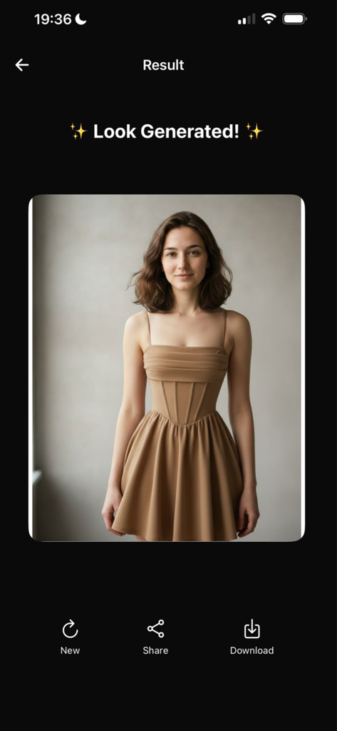 AI generated fashion photo of a woman in a brown dress on the GenLook app result screen