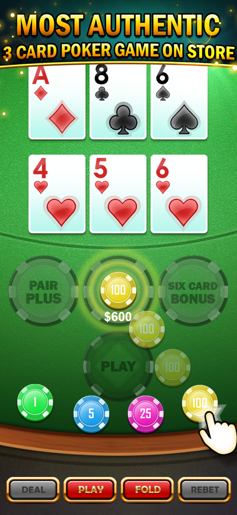 緑のフェルトテーブル、トランプ、カジノチップを備えたスリーカードポーカーモバイルゲームインターフェース