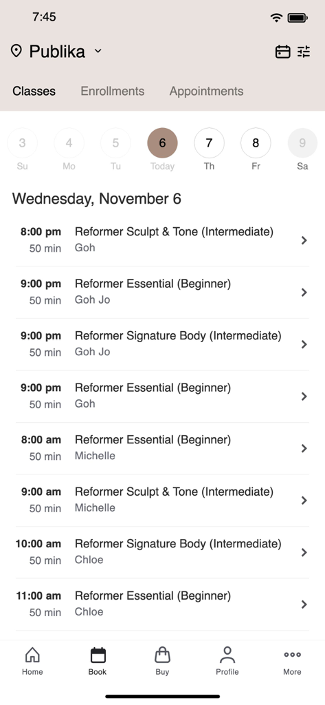 Star Pilates - Star Pilates mobile app class booking screen showing a schedule of reformer sessions