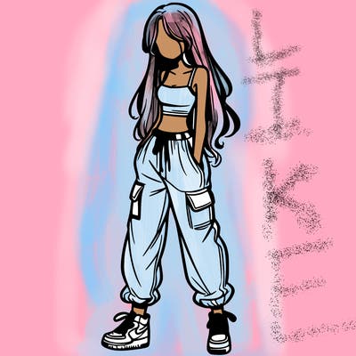 girl in baggy pants crop top and long hair