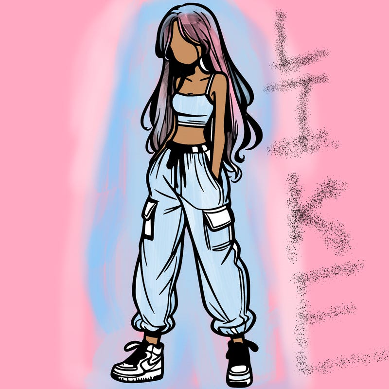 girl in baggy pants crop top and long hair