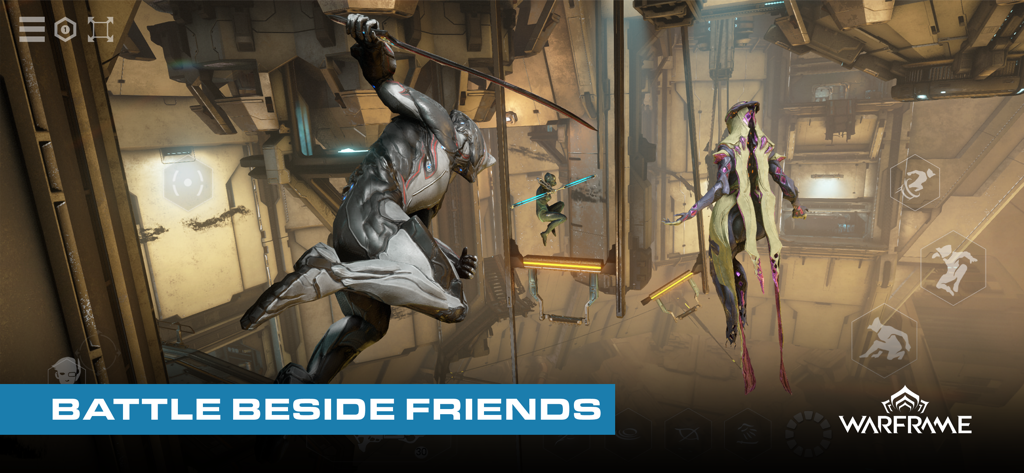 Warframe - Personajes de Warframe realizando maniobras de combate en un entorno de ciencia ficción con el texto Lucha Junto a Amigos