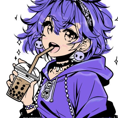 hot baddie anime girl drinking boba and biting the straw