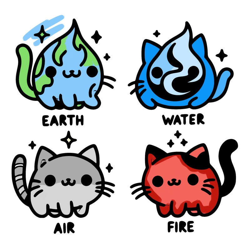 4 cats that represent the different elements, earth, water, air, and fire