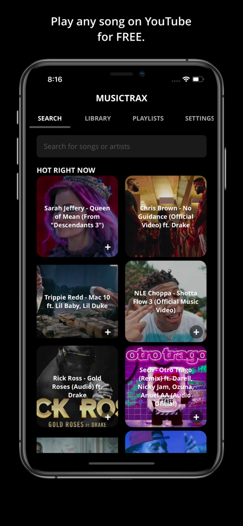 Interface de l'application Musictrax montrant une barre de recherche et des clips vidéo tendance en mode sombre