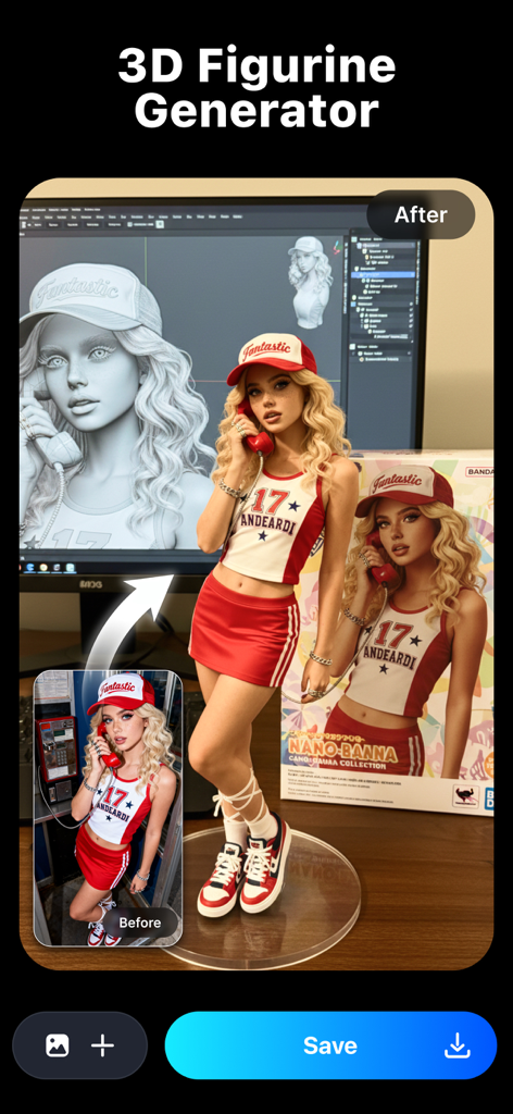 Repairit - AI Photo Enhancer - An AI-generated comparison showing a real portrait photo transformed into a stylized 3D figurine.