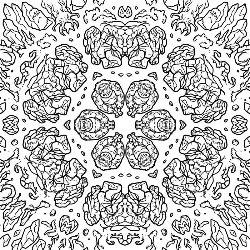 Discover a unique symmetrical design featuring formidable Mountain Trolls within an intricate mandala pattern. This challenging coloring page offers a captivating artistic experience for fantasy enthusiasts and mandala lovers alike.