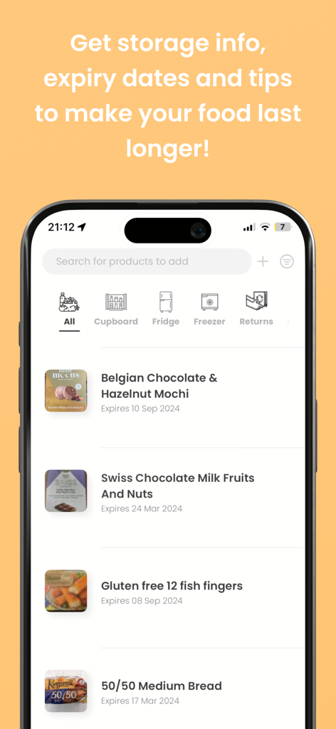 Horizon Nachhaltigkeits-Scanner-App zeigt eine Liste von Lebensmitteln mit Verfallsdaten und Lagerungskategorien