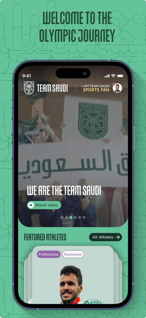 Home screen of the Team Saudi mobile app showing the featured athletes section and a welcome message to the Olympic journey
