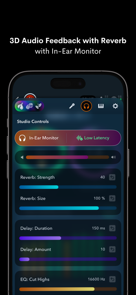 Interfaz de controles de estudio de NaadSadhana mostrando monitoreo en oído y configuraciones de retroalimentación de audio 3D
