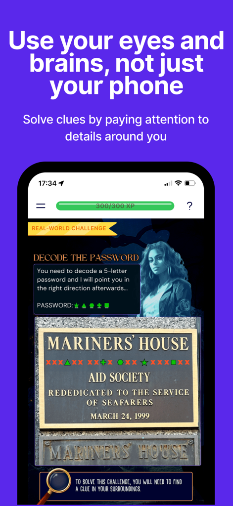 Smartphone displaying an outdoor escape game riddle that uses a real world plaque to solve a challenge