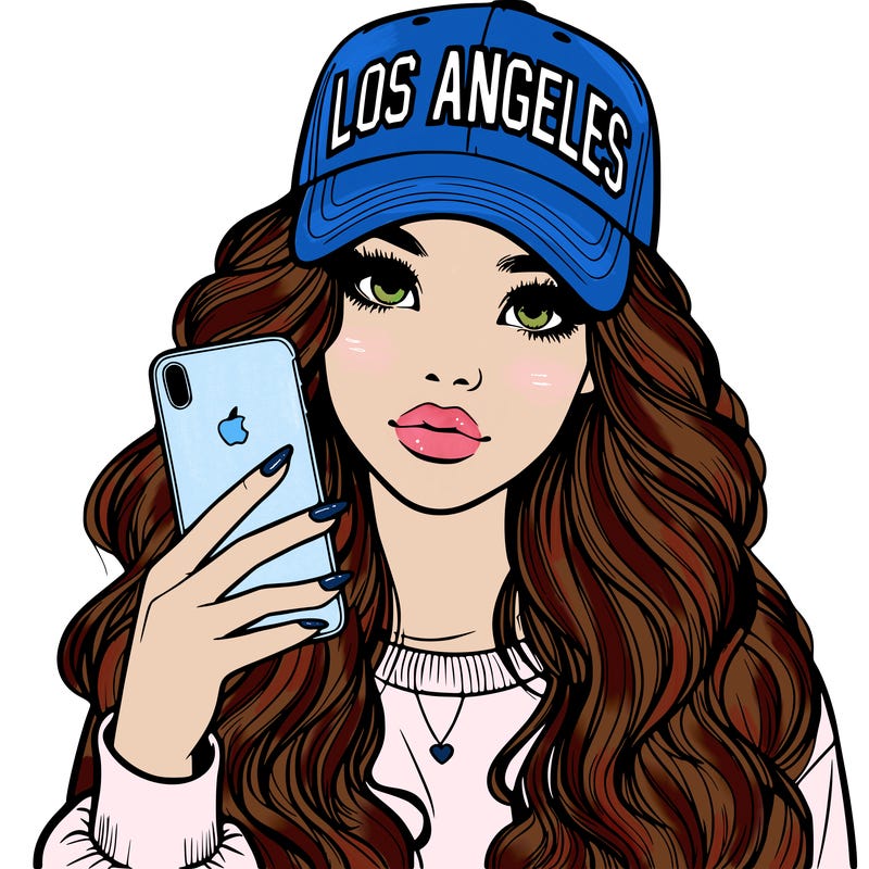 realistic beautiful girl wearing los ángeles cap holding an iphone