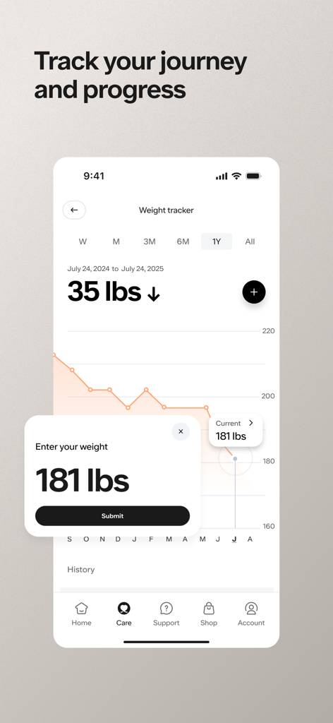 Ro: Online Healthcare - Weight loss tracker screen in the Ro app showing a progress graph and current weight entry