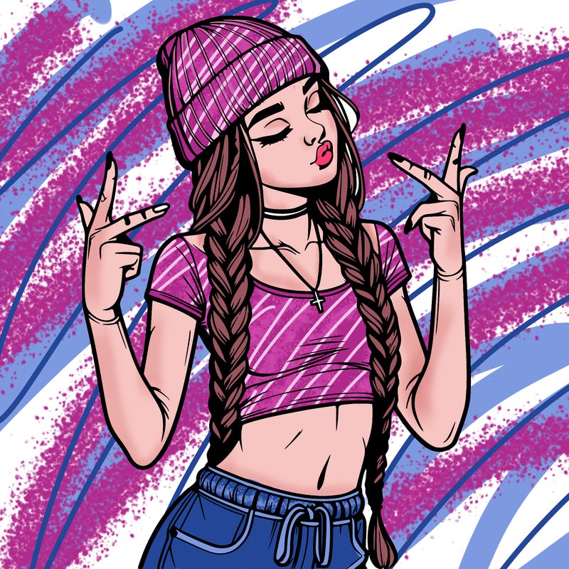 realistic teenage girl with braids and a beanie and crop top doing 🫶🏼