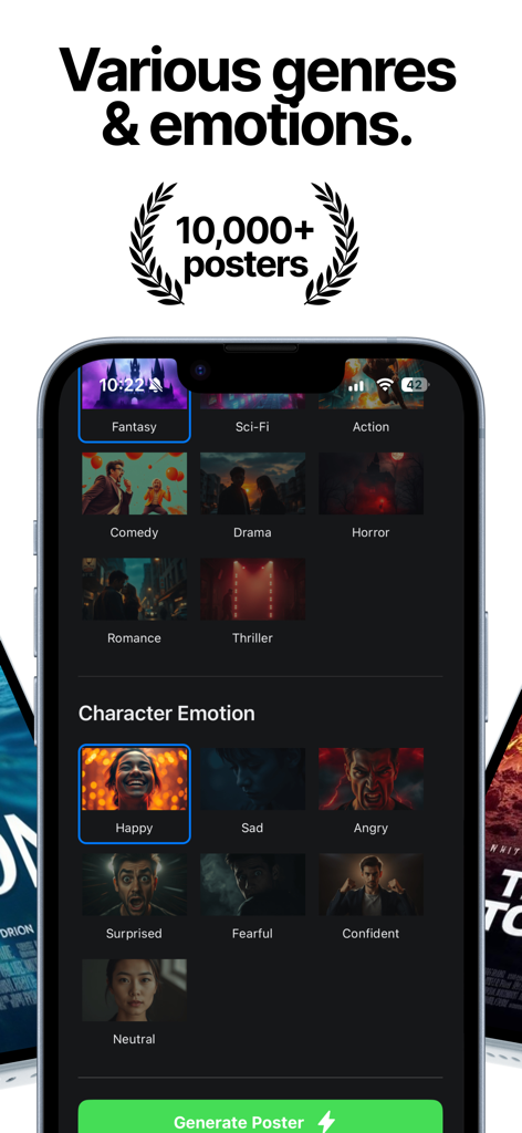 Posterize AI Movie Posters - Oberfläche, die Filmgenres und die Auswahl von Charakteremotionen in der Posterize KI-App zeigt
