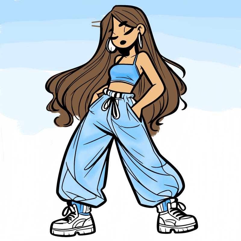 girl in baggy pants crop top and long hair