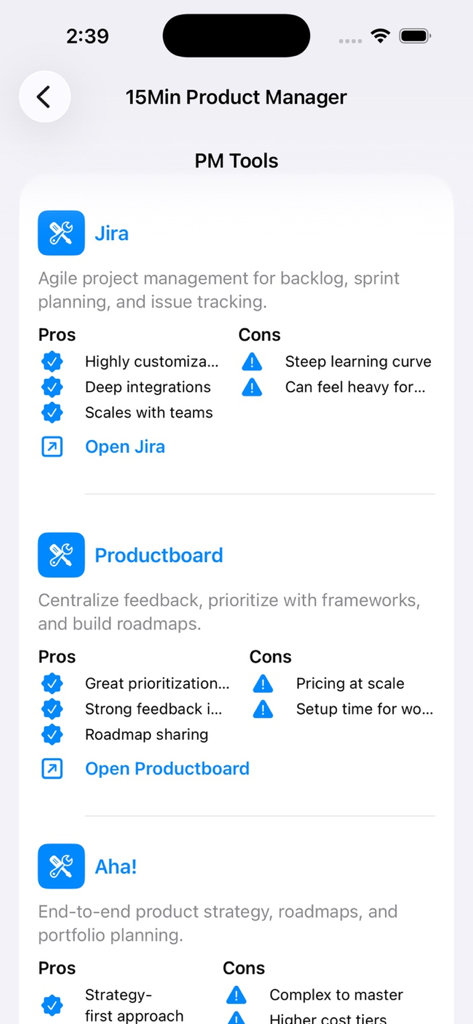 15 Min Product Manager - A screen showing a directory of product management tools like Jira and Productboard with their pros and cons.