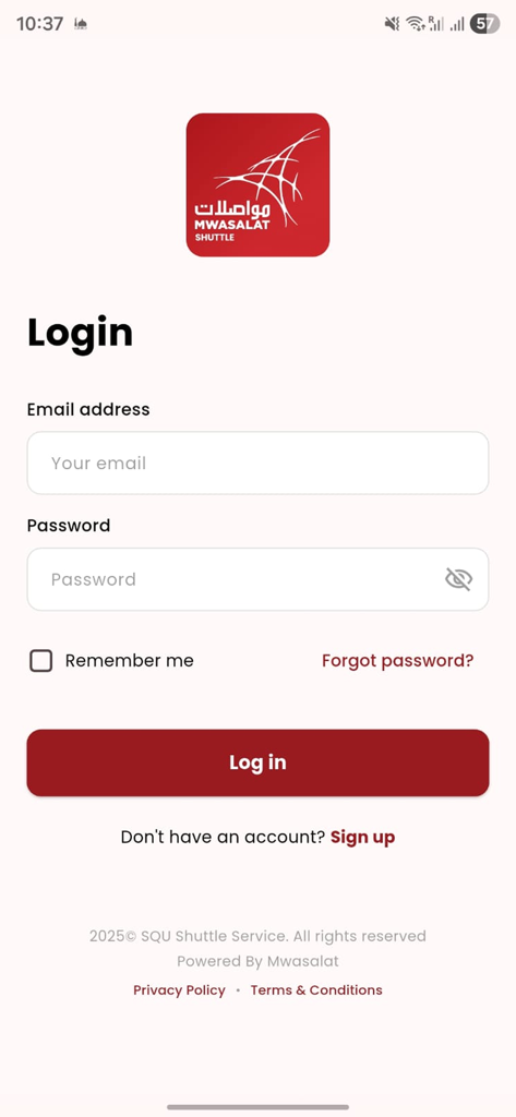 Mwasalat Shuttle - Pantalla de inicio de sesión de la aplicación móvil Mwasalat Shuttle con campos de entrada de correo electrónico y contraseña