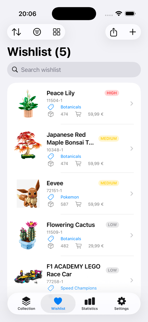 BrickLog - Una vista de lista de deseos en la aplicación BrickLog que muestra varios sets de LEGO® con etiquetas de prioridad, recuentos de piezas y precios.