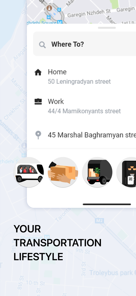 The gg app interface showing destination search options and icons for rides delivery and truck services