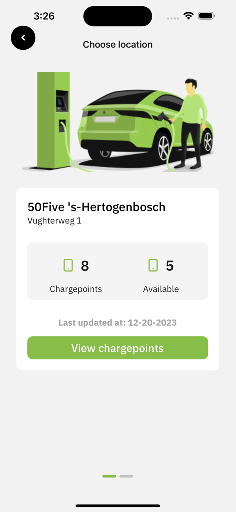 50five - Écran de l'application mobile montrant la disponibilité et l'emplacement des points de recharge pour véhicules électriques