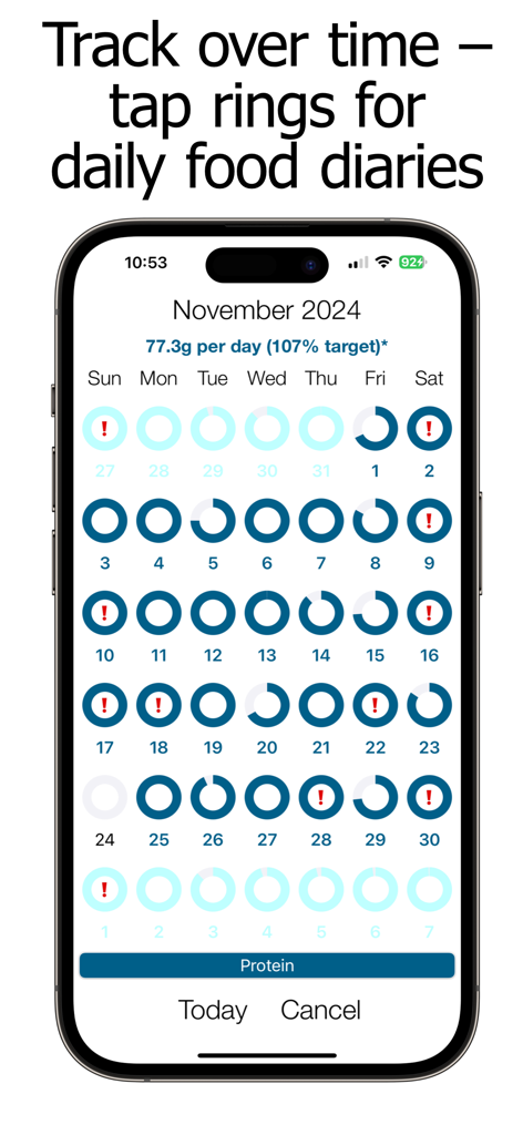 Protein Counter and Tracker - Monatliche Kalenderansicht, die den täglichen Fortschritt der Proteinaufnahme mit kreisförmigen Tracking-Ringen zeigt