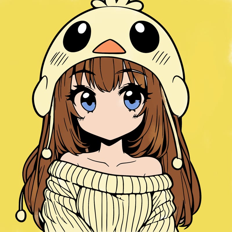 anime girl with chick shaped hat with sweater with bare shoulders with bangs covering them one eye with low tail